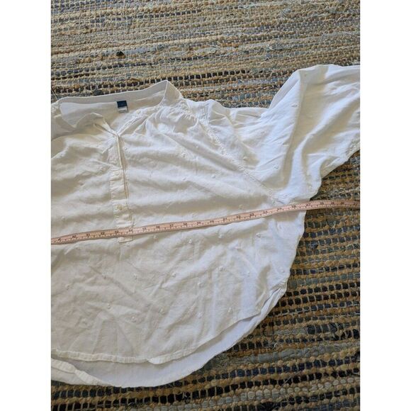 White Swiss Dot Henley 100% Cotton Long Puff Sleeve S Crop Curved Hem Cottagecor - Picture 6 of 9